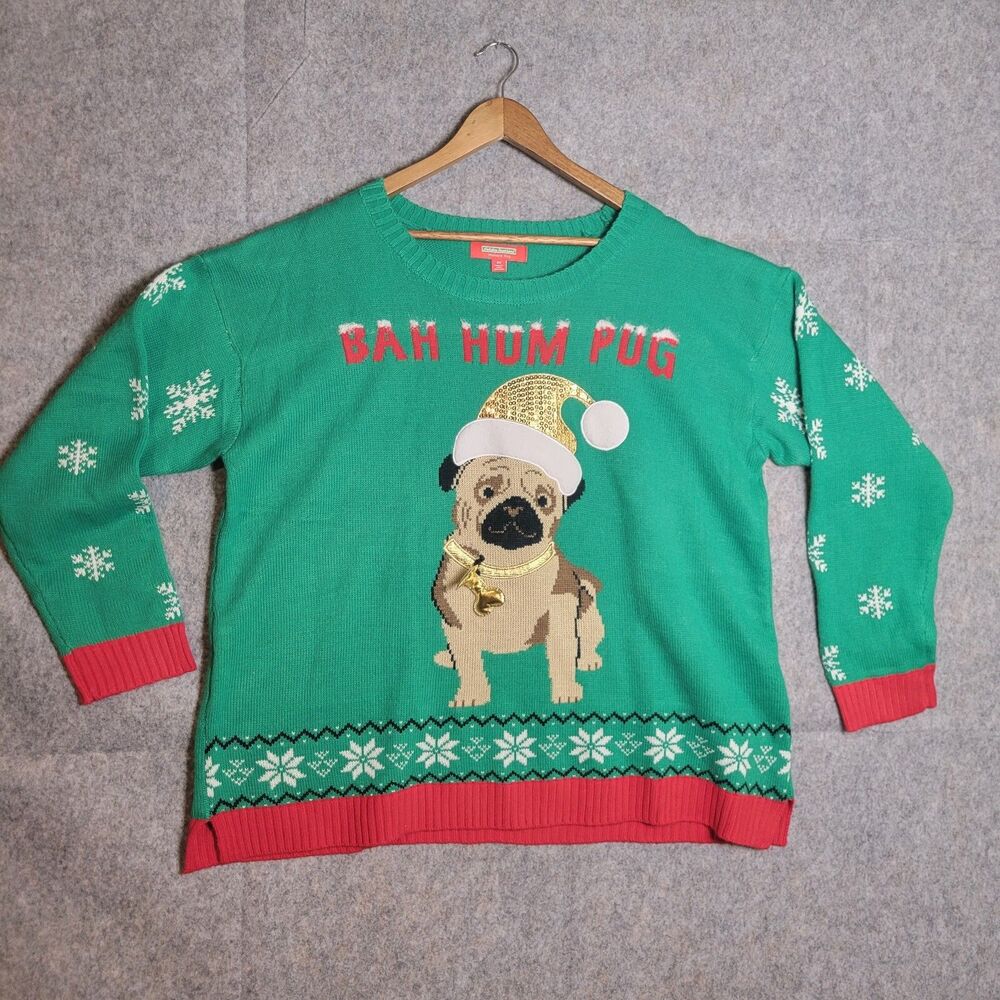 Christmas Sweater “Bah Hum Pug” Womens 2XL Holiday Tradition Funny Novelty Dog